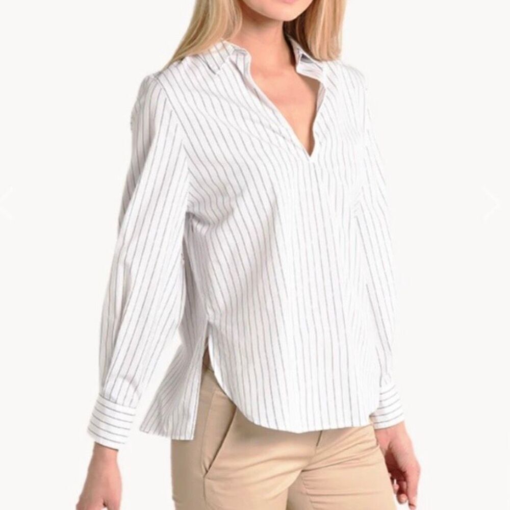 Vince White Bar Stripe Swing Front Pullover Long Sleeve Shirt Top Size L
